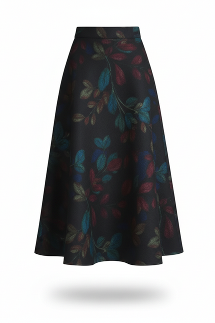 Jupe Midi Imprimée Feuilles Élégante