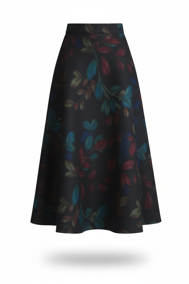 Jupe Midi Imprimée Feuilles Élégante