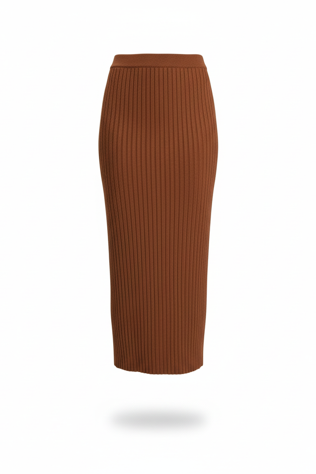 Jupe Midi Marron Maille Côtelée Chic