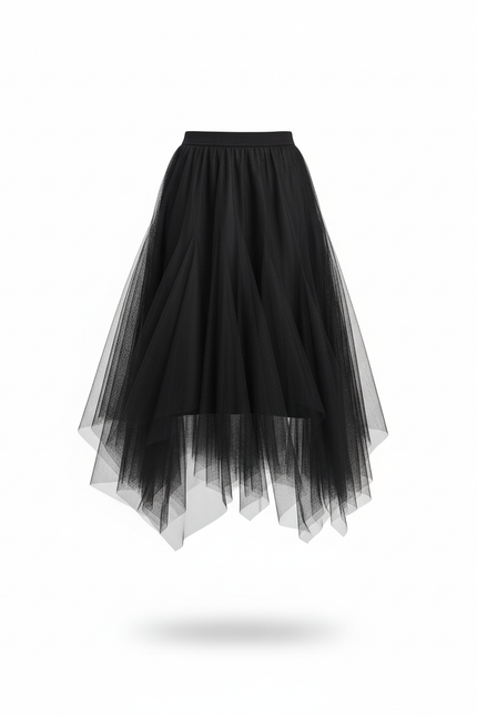 Jupe Midi Tulle Asymétrique Noire Élégante