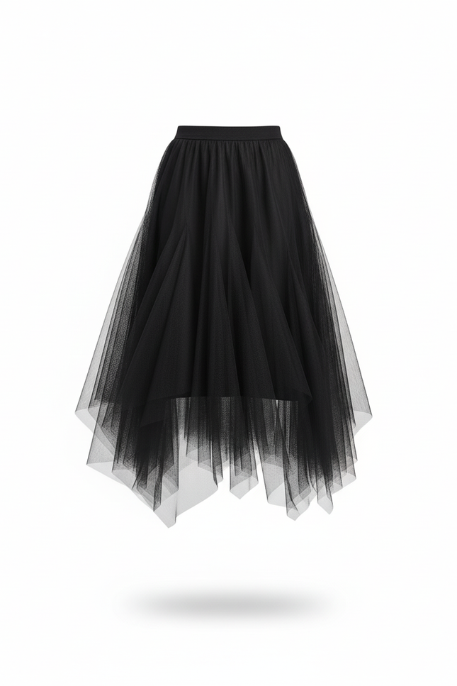 Jupe Midi Tulle Asymétrique Noire Élégante