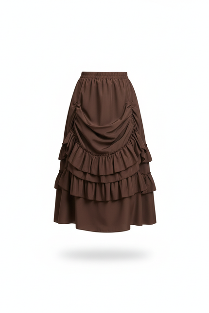 Jupe Midi Marron Volants Élégante