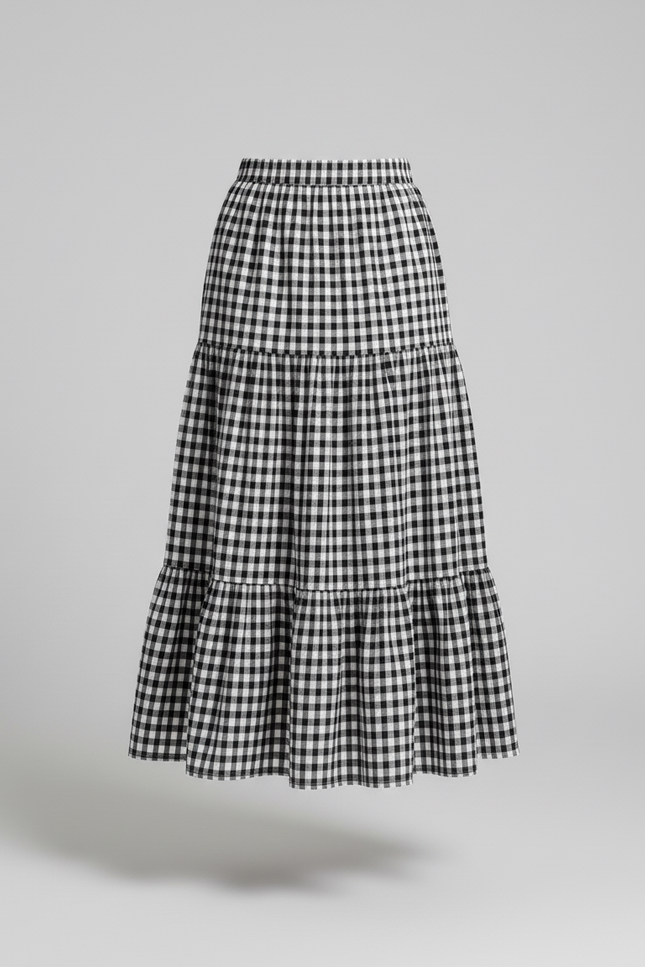 Jupe Midi Vichy Étagée Fluide