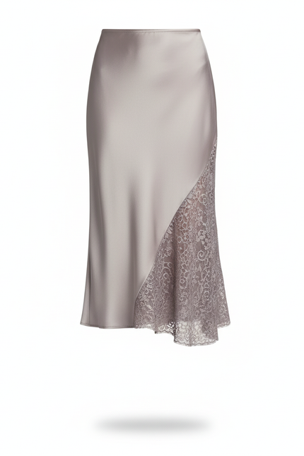 Jupe Midi Satin Dentelle Asymétrique Fluide