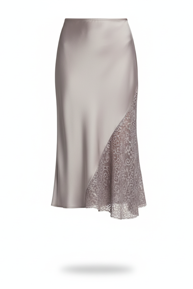 Jupe Midi Satin Dentelle Asymétrique Fluide