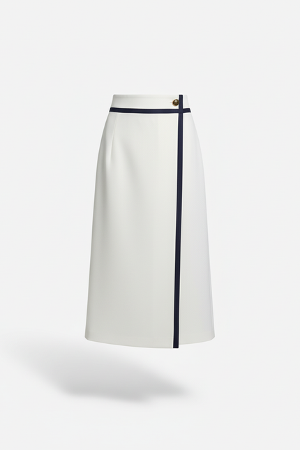 Jupe Midi Blanche Bordure Marine Élégante