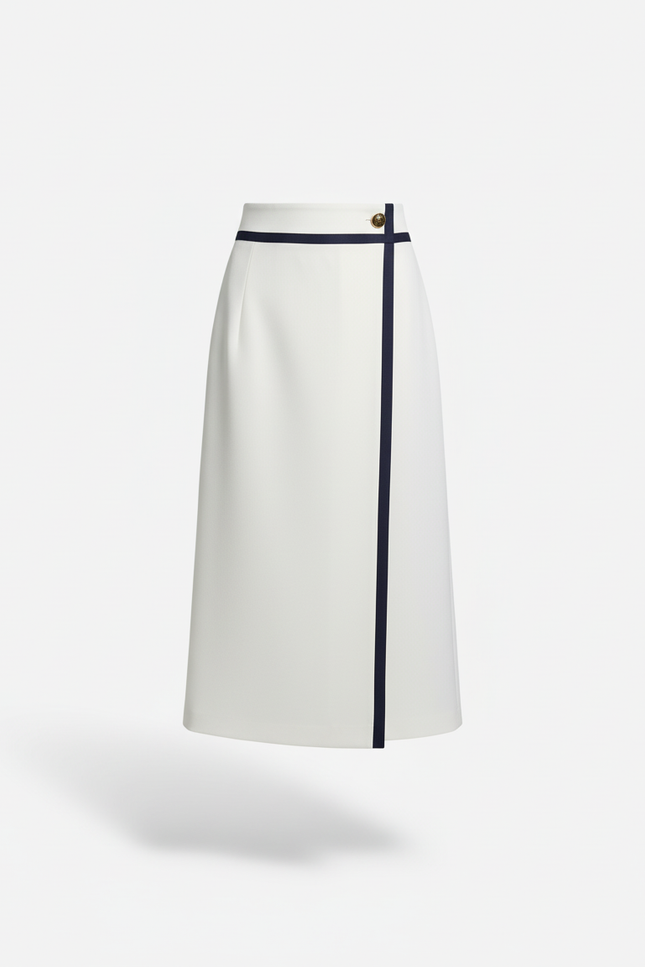 Jupe Midi Blanche Bordure Marine Élégante