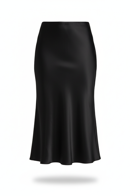 Jupe Midi Noire Satinée Élégante glamour