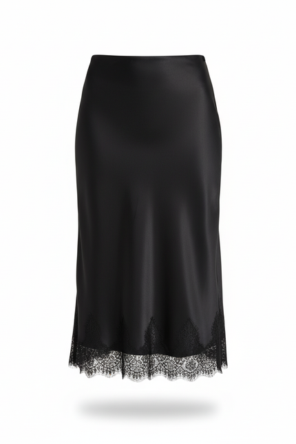 Jupe Midi Noire Satin Dentelle Élégante