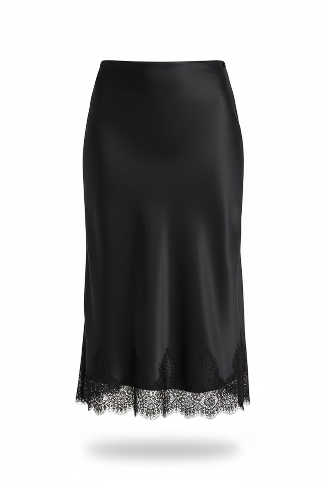 Jupe Midi Noire Satin Dentelle Élégante