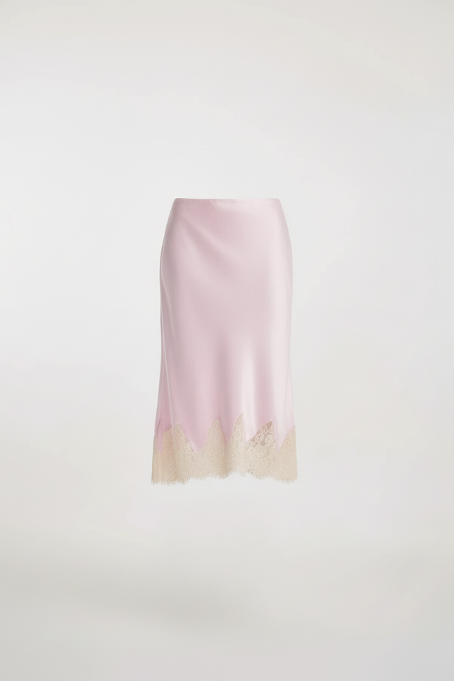Jupe Midi Satin Dentelle Rose Pâle Chic
