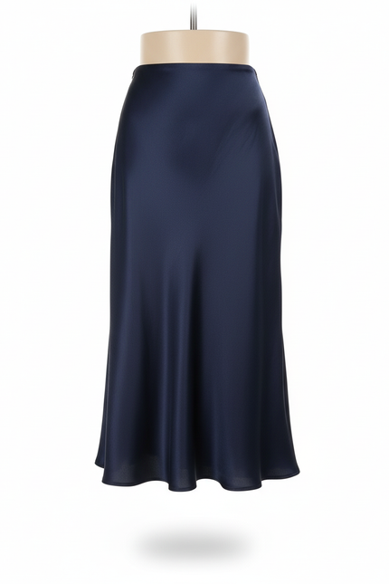 Jupe Midi Bleu Marine Satin Fluide Élégante