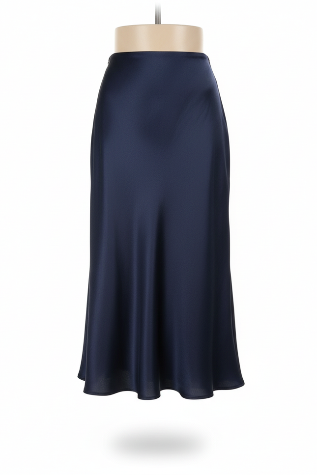 Jupe Midi Bleu Marine Satin Fluide Élégante