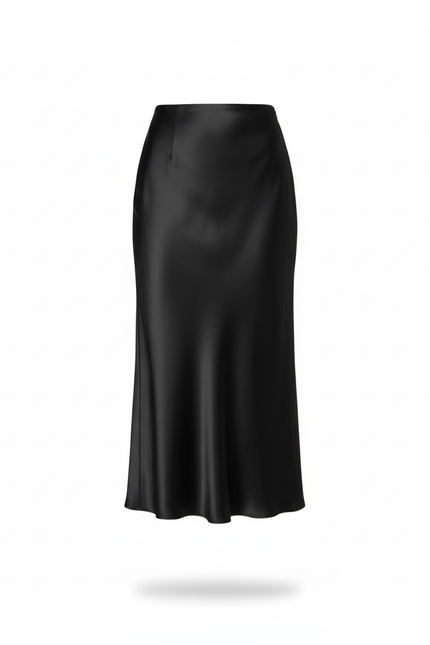 Jupe Midi Noire Satin Fluide Élégante
