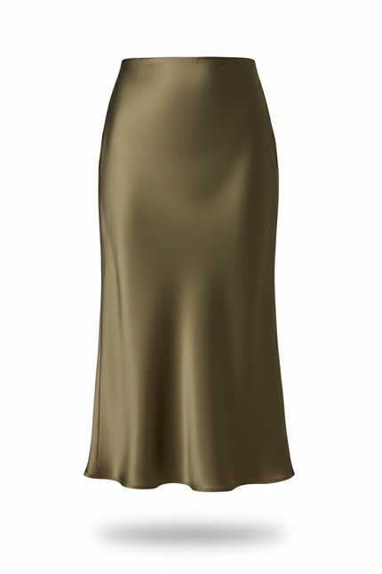 Jupe Midi Kaki Satin Élégante