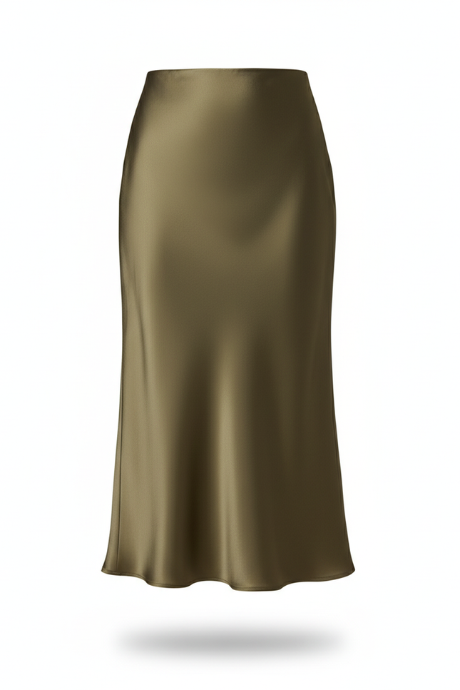 Jupe Midi Kaki Satin Élégante
