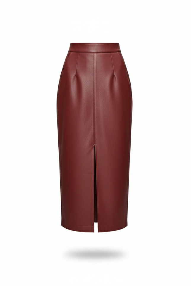 Jupe Midi Rouge Bordeaux Simili Cuir Chic
