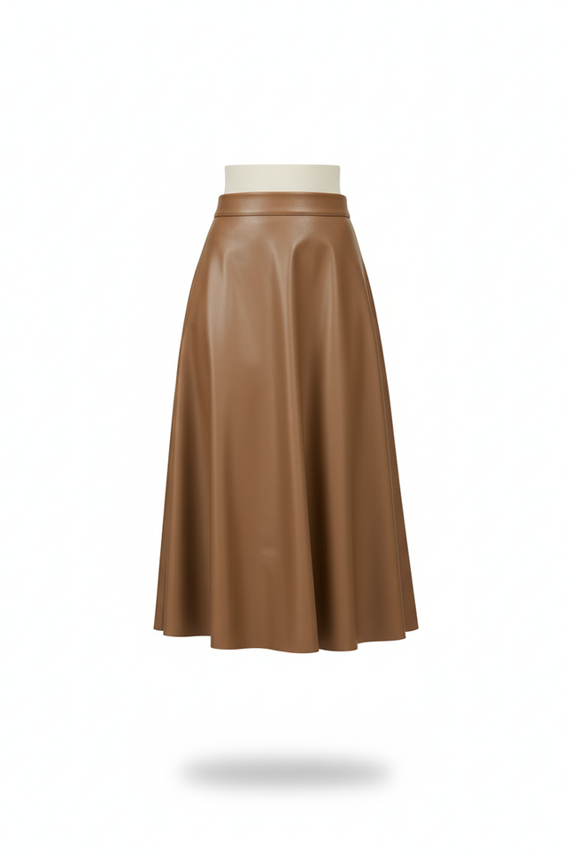 Jupe Midi Cuir Pu Camel Élégante