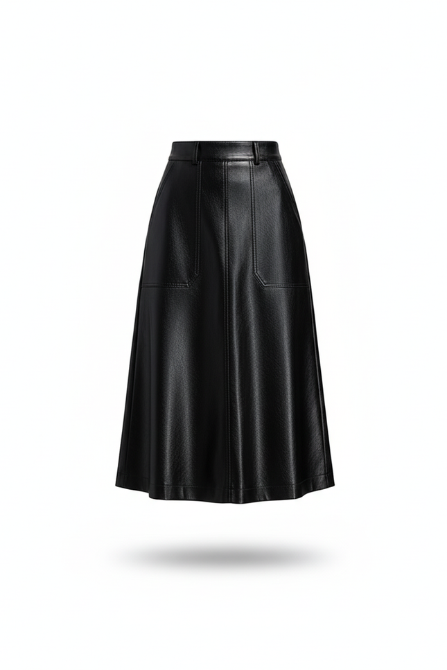 Jupe Midi Cuir Pu Noire Décontractée