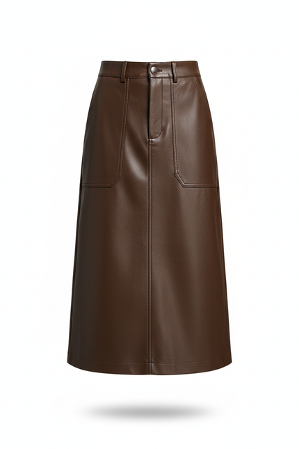 Jupe Midi Marron Simili Cuir Décontractée