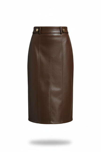 Jupe Midi Similicuir Marron Chic