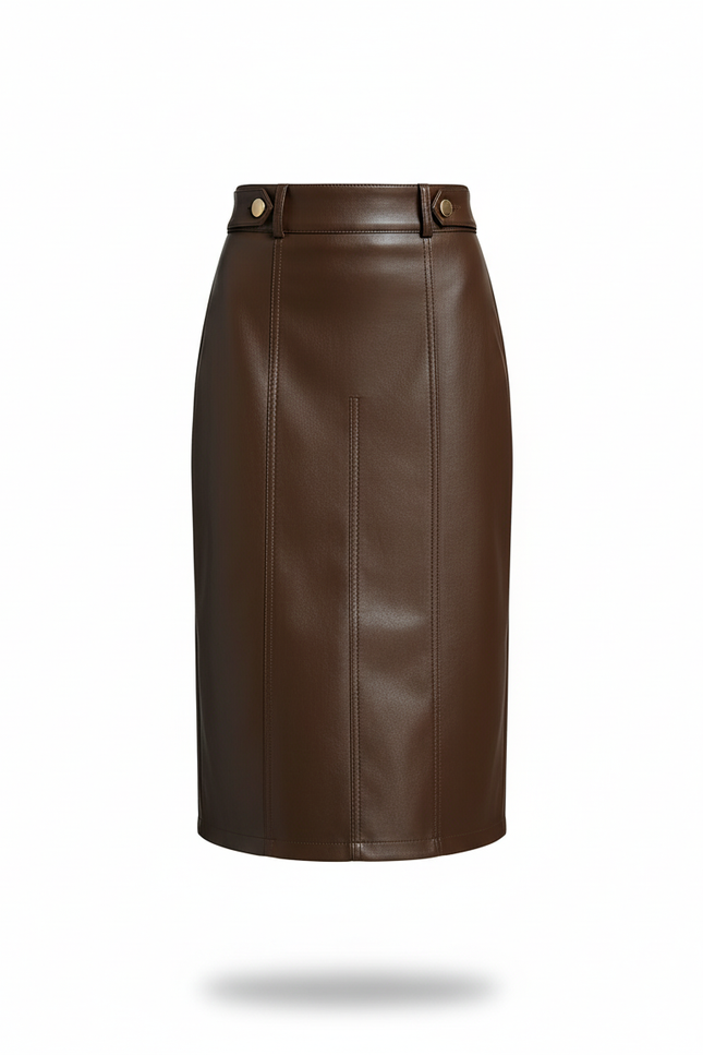 Jupe Midi Similicuir Marron Chic