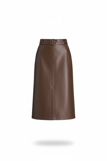 Jupe Midi Similicuir Marron Élégante