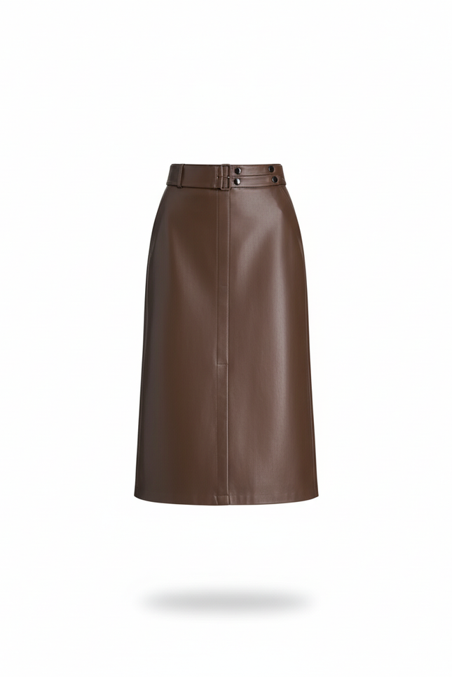 Jupe Midi Similicuir Marron Élégante