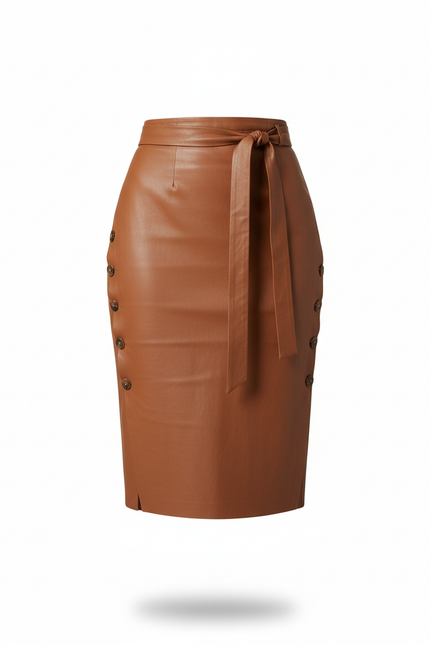 Jupe Midi Simili Cuir Marron Élégante