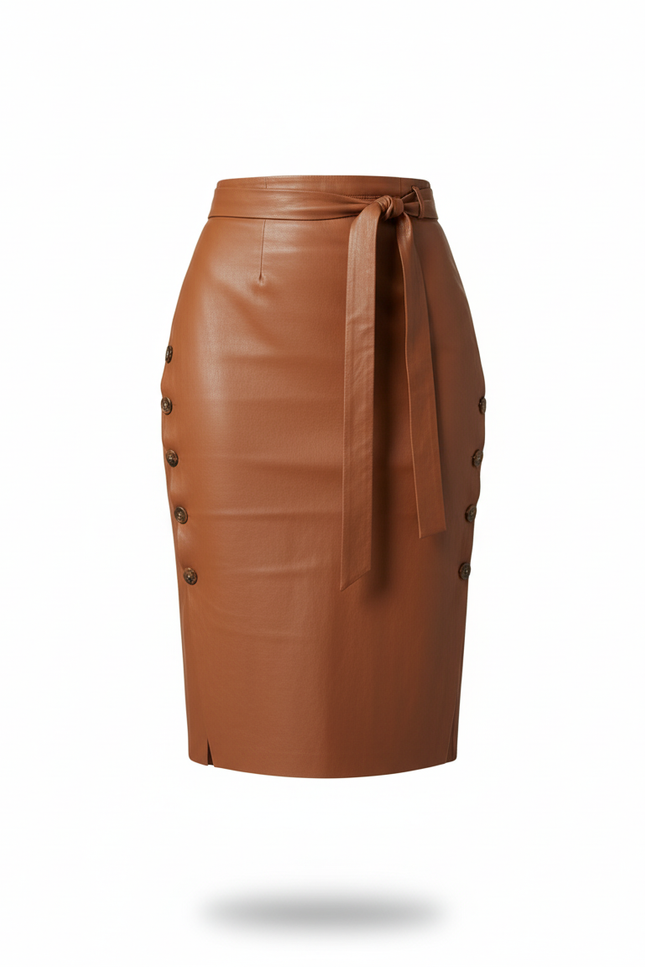 Jupe Midi Simili Cuir Marron Élégante