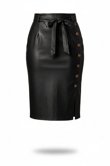 Jupe Midi Simili Cuir Boutonnée Chic
