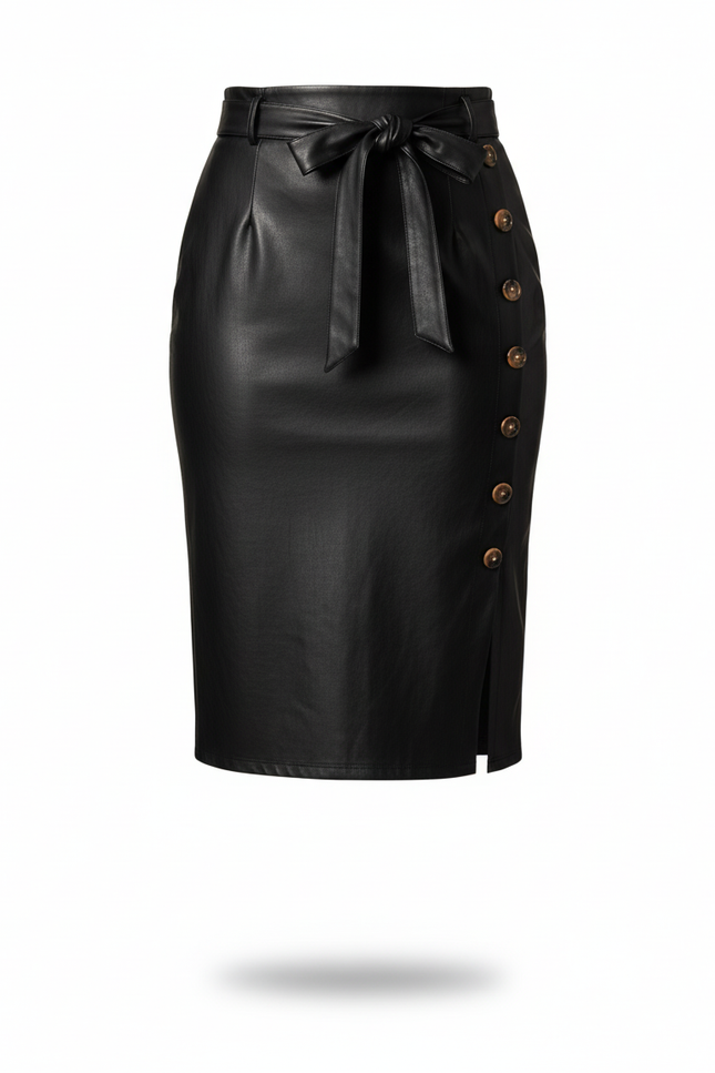 Jupe Midi Simili Cuir Boutonnée Chic