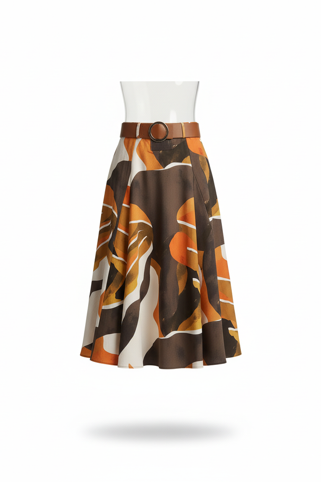 Jupe Midi Imprimé Abstrait Évasée Élégante