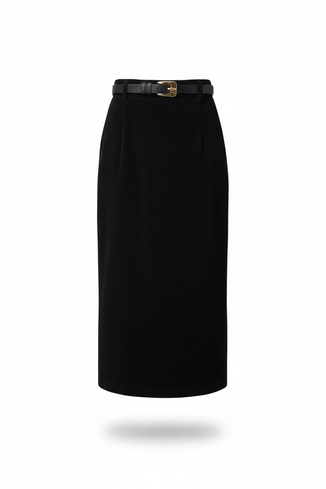 Jupe Midi Noire Côtelée Élégante structurée