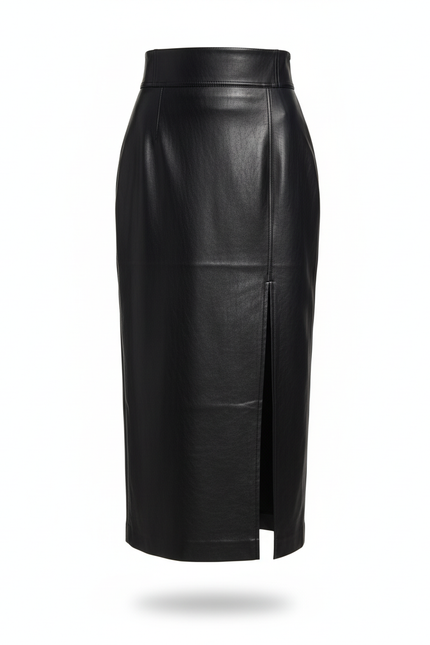 Jupe Midi Noire Cuir Verni Fendue Élégante