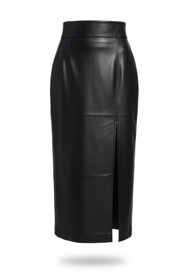 Jupe Midi Noire Cuir Verni Fendue Élégante