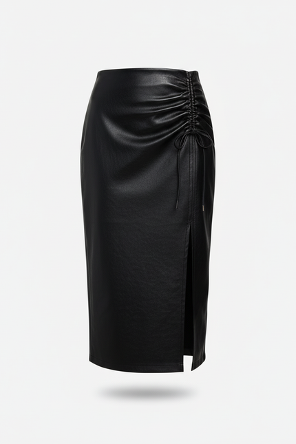 Jupe Midi Simili Cuir Noire Fendue Chic