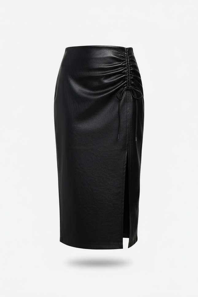 Jupe Midi Simili Cuir Noire Fendue Chic